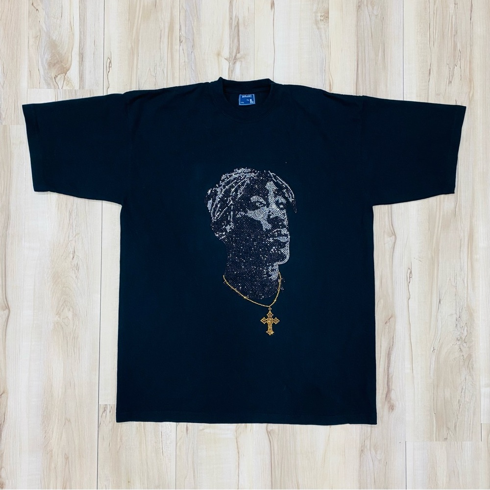 Tupac Rhinestone T-shirt - Cross Blue/Silver/Gold Tee - XL